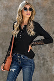 Hozyrep Black Crochet Lace Hem Sleeve Button Top