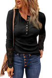 Hozyrep Black Crochet Lace Hem Sleeve Button Top