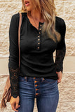 Hozyrep Black Crochet Lace Hem Sleeve Button Top