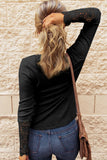 Hozyrep Black Crochet Lace Hem Sleeve Button Top