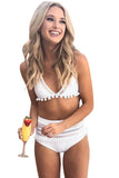 Hozyrep White Pom Pom Mesh Insert High Waist Bikini