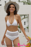 Hozyrep White Pom Pom Mesh Insert High Waist Bikini