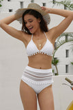Hozyrep White Pom Pom Mesh Insert High Waist Bikini
