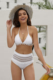 Hozyrep White Pom Pom Mesh Insert High Waist Bikini