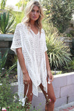 Hozyrep Modischer weißer Häkel-Kimono mit Quasten und Krawatte, Strandmode