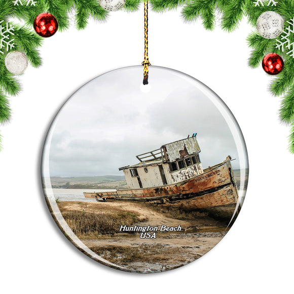 USA America Boat Huntington Beach Christmas Ornament