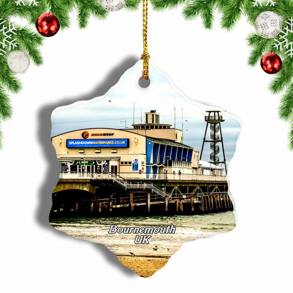 UK England Bournemouth Beach Pier Christmas Ornament 3 Inches Snow