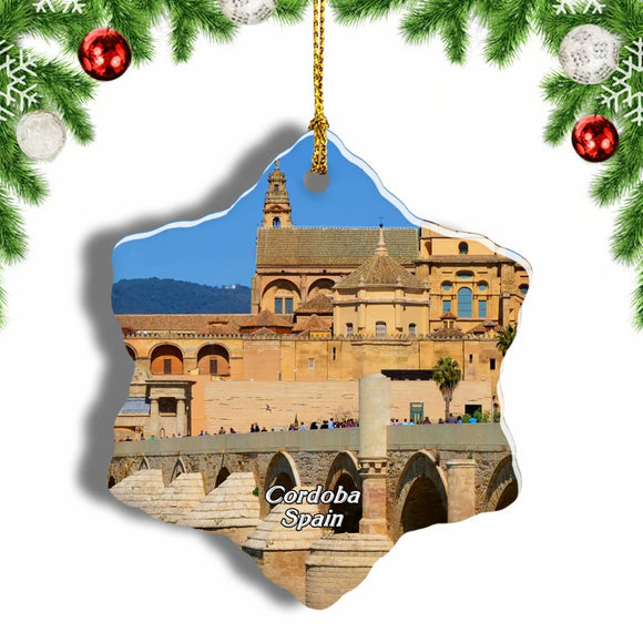 Spain Cordoba Mosque and Cathedral Roman Bridge Christmas Ornament 3 Inches Snow