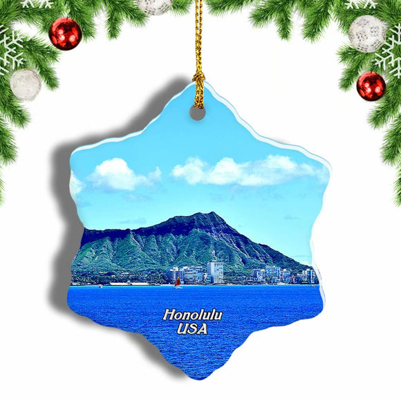 America USA Diamond Head Honolulu Oahu Hawaii Christmas Ornament 3 Inches Snow