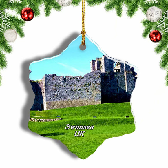 UK England Oystermouth Castle Swansea Christmas Ornament 3 Inches Snow