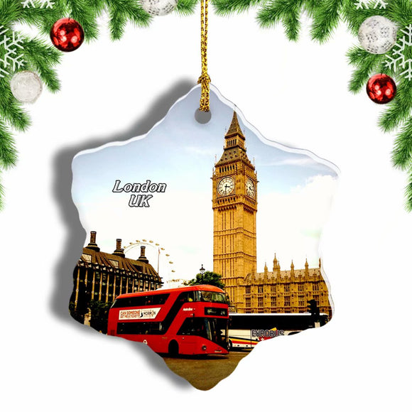 UK England Big Ben Red Bus London Christmas Ornament 3 Inches Snow