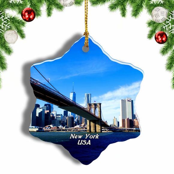 America USA Brooklyn Bridge Manhattan New York Christmas Ornament 3 Inches Snow