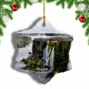 Iceland Selfoss Waterfall Husavik Christmas Ornament 3 Inches Snow