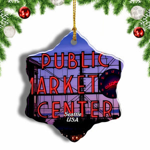 USA America Pike Place Market Seattle Christmas Ornament 3 Inches Snow