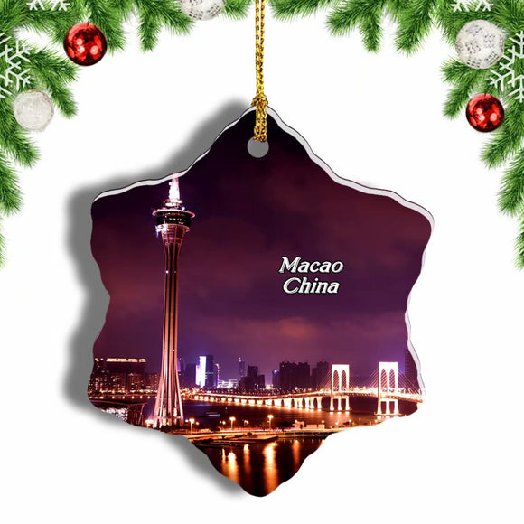 China Macao Tower Christmas Ornament 3 Inches Snow