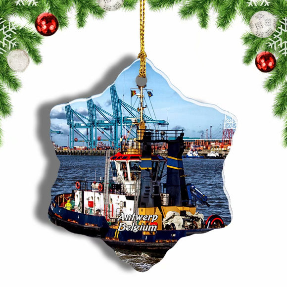 Belgium Antwerp Boat Tugboat Harbor Christmas Ornament 3 Inches Snow