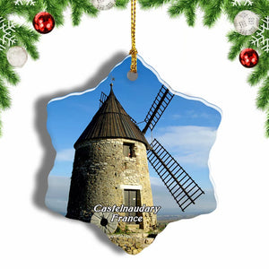 France Castelnaudary Windmill Christmas Ornament 3 Inches Snow