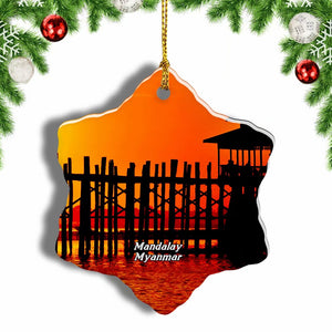 U-Bein Bridge Mandalay Myanmar Christmas Ornament 3 Inches Snow