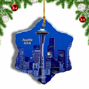 USA America Space Needle Seattle Christmas Ornament 3 Inches Snow