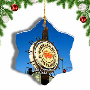 USA America Fisherman's Wharf San Francisco Christmas Ornament 3 Inches Snow