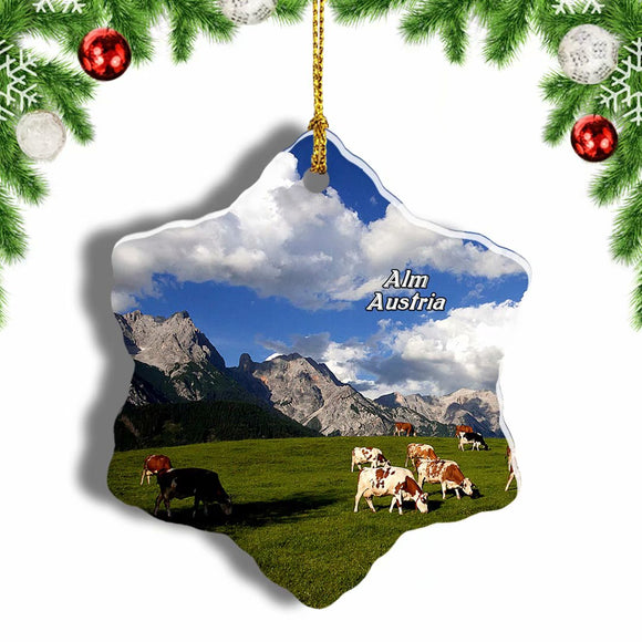 Austria Alm Pasture Cow Christmas Ornament 3 Inches Snow