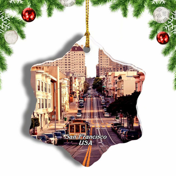 USA America Cable Cars San Francisco Christmas Ornament 3 Inches Snow