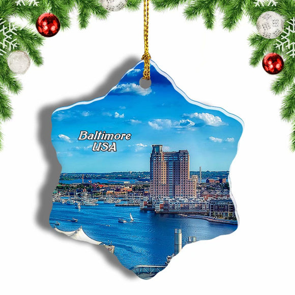 USA America Baltimore Inner Harbor Christmas Ornament 3 Inches Snow