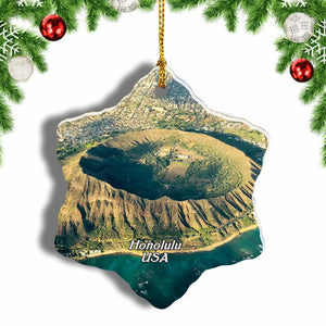 USA America Diamond Head Honolulu Hawaii Christmas Ornament 3 Inches Snow