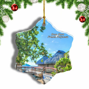 French Polynesia Bora Bora House Christmas Ornament 3 Inches Snow