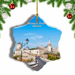 Ukraine Fortress Castle Kamianets-Podilskyi Christmas Ornament 3 Inches Snow