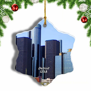 USA America GM Renaissance Center Detroit Christmas Ornament 3 Inches Snow