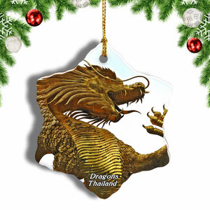 Thailand Dragons Golden Christmas Ornament 3 Inches Snow