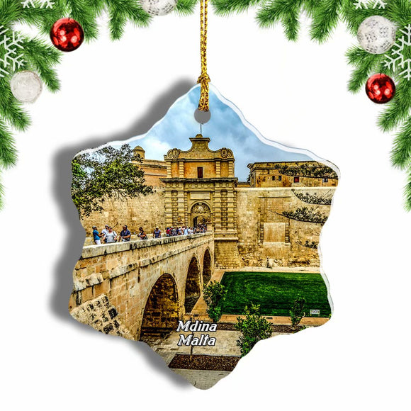 Malta Mdina Gates Castle Christmas Ornament 3 Inches Snow