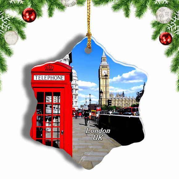 UK England Red Telephone box London Christmas Ornament 3 Inches Snow