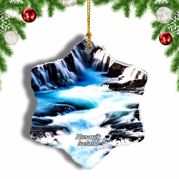 Iceland Selfoss Waterfall Husavik Christmas Ornament 3 Inches Snow