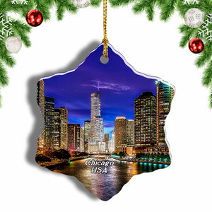 America USA Chicago Illinois River Christmas Ornament 3 Inches Snow