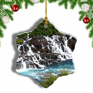 Iceland Waterfall Barnafoss Christmas Ornament 3 Inches Snow