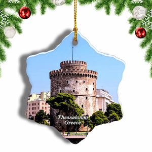 Greece White Tower of Thessaloniki Christmas Ornament 3 Inches Snow