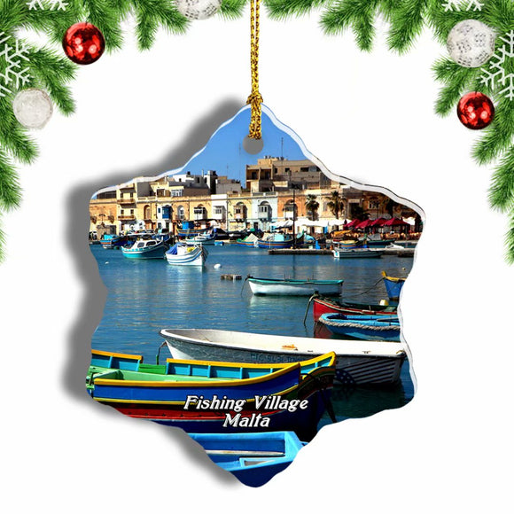 Malta Fishing Village Port Boats Christmas Ornament 3 Inches Snow