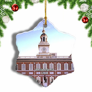 USA America Independence Hall Philadelphia Christmas Ornament 3 Inches Snow