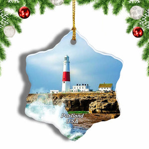 USA America Light House Portland Christmas Ornament 3 Inches Snow