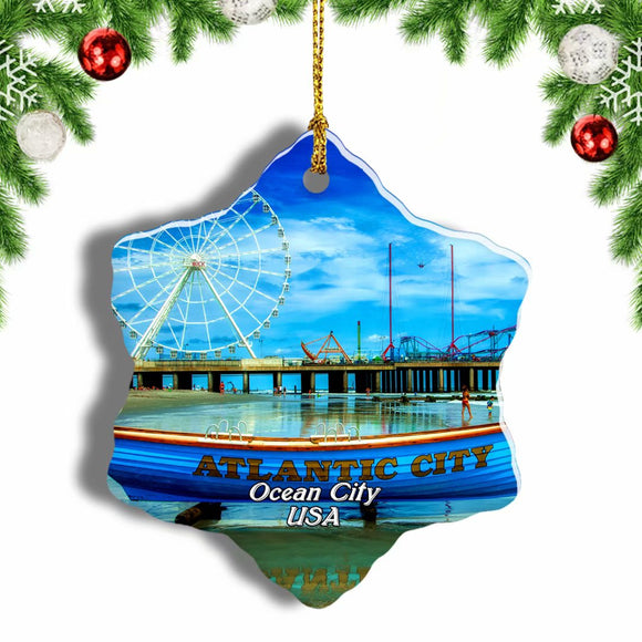 USA America Ocean City Boardwalk Christmas Ornament 3 Inches Snow