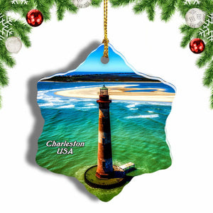 America USA Morris Island Lighthouse Charleston Christmas Ornament 3 Inches Snow