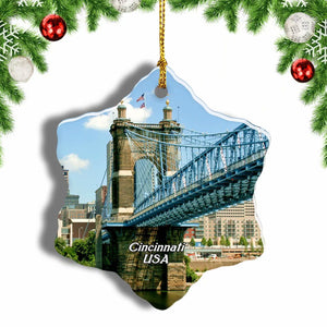 USA America Rochester Bridge, Cincinnati Christmas Ornament 3 Inches Snow