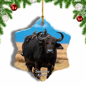 Kenya Buffalo Samburu Christmas Ornament 3 Inches Snow