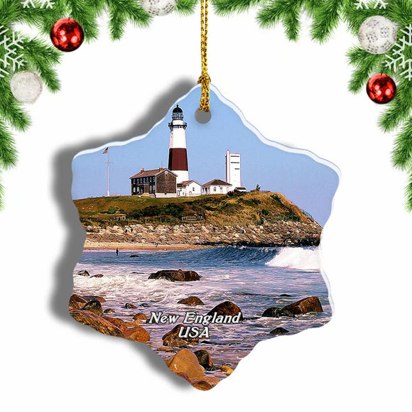 America USA Lighthouse New England Christmas Ornament 3 Inches Snow