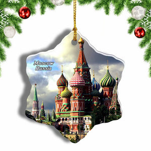 Russia Moscow Spasskaya Tower St Basil's Cathedral Christmas Ornament 3 Inches Snow