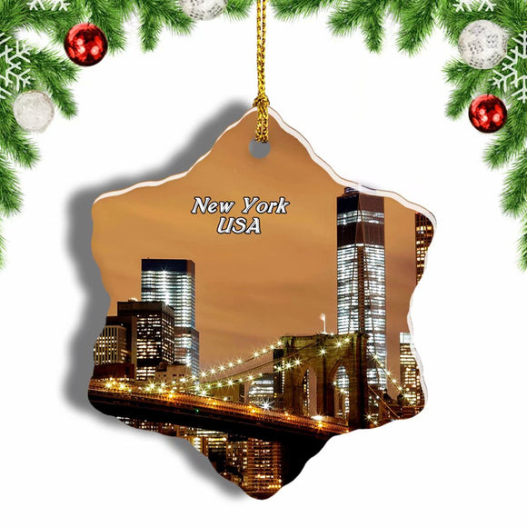 USA America Brooklyn Bridge New York Christmas Ornament 3 Inches Snow