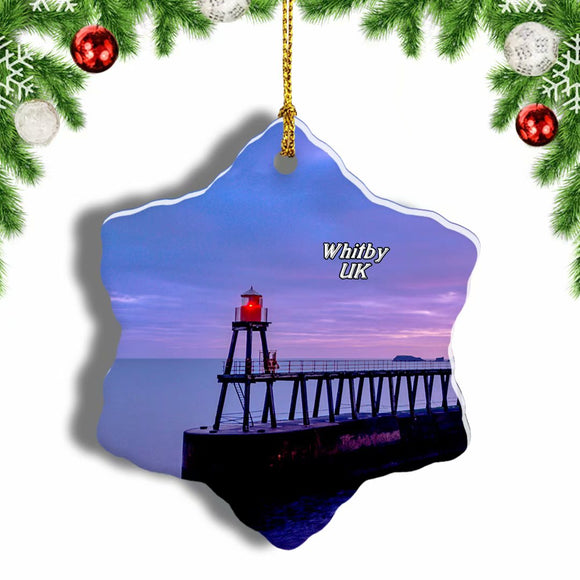 UK England Whitby East Pier Christmas Ornament 3 Inches Snow