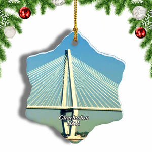 USA America Arthur Ravenel Jr. Bridge Charleston Christmas Ornament 3 Inches Snow